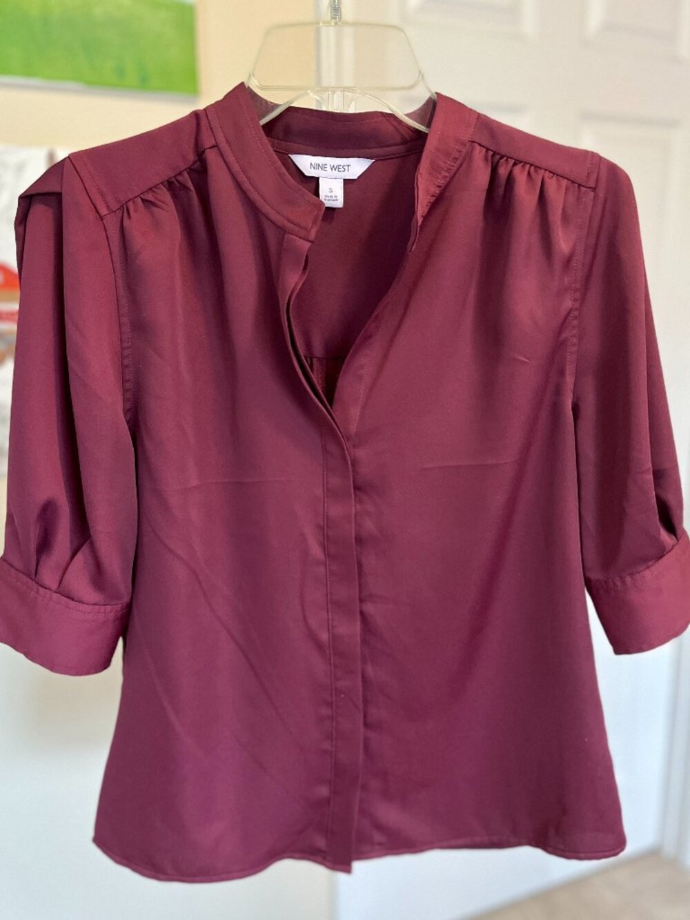 Nine West Satin Elbow Sleeve Button-Down Color, Size: S